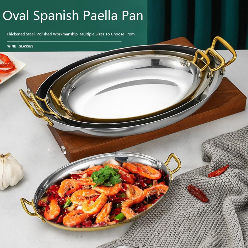 4 Tamaños Oval Paellera, Acero Inoxidable Paellera Española Sin Palo Paellera Paella Batería De Cocina Con Doble Asa Para Hogares O Restaurantes, 40cm, Gold