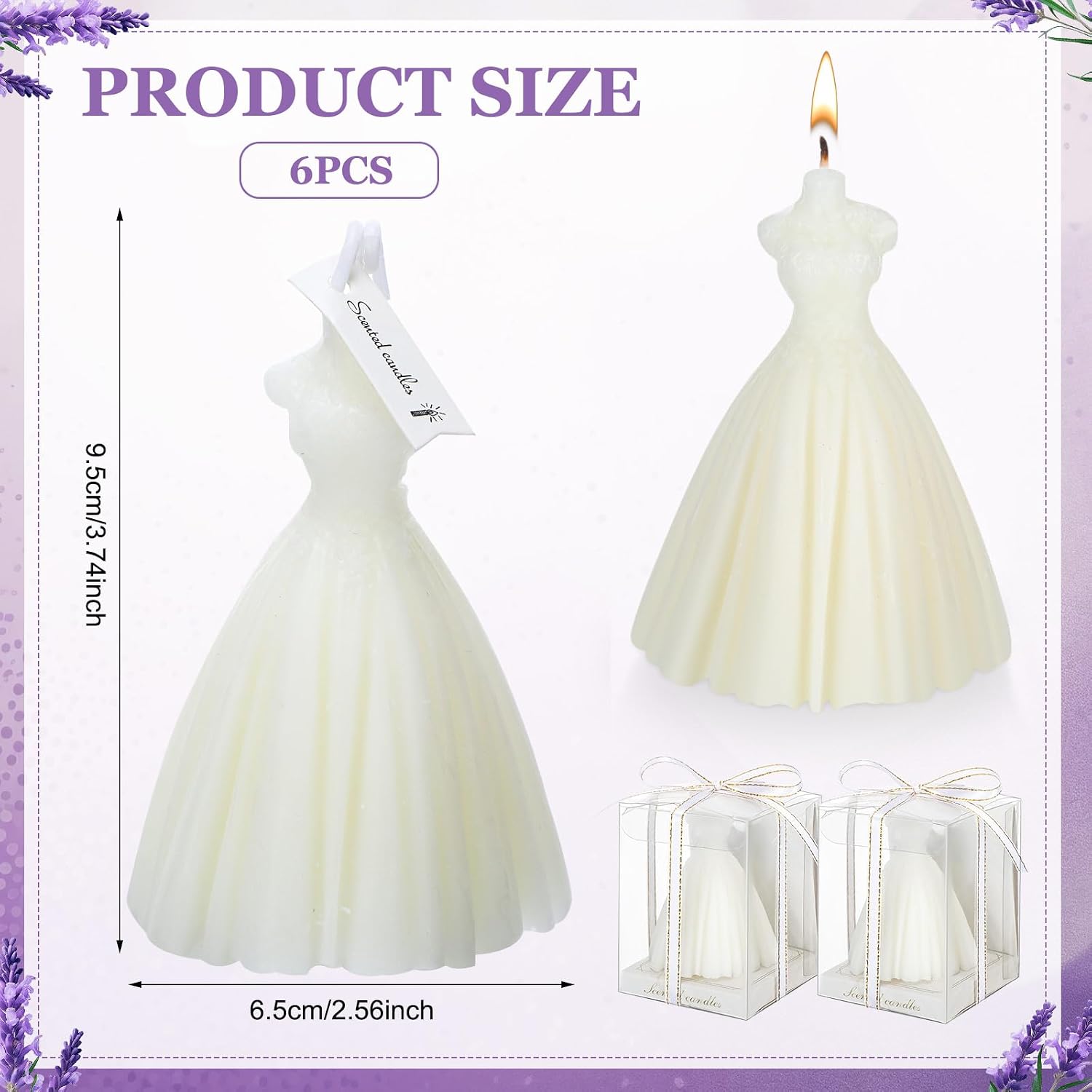 MTLEE 6 Pack Bridesmaid Wedding Dress Candle White Bridal Shower Gifts Candle with Box and Ribbon Handmade Soybean Wax Bridesmaid Bridal Shower Favors for Guests Gifts Engagement Ceremony Decor