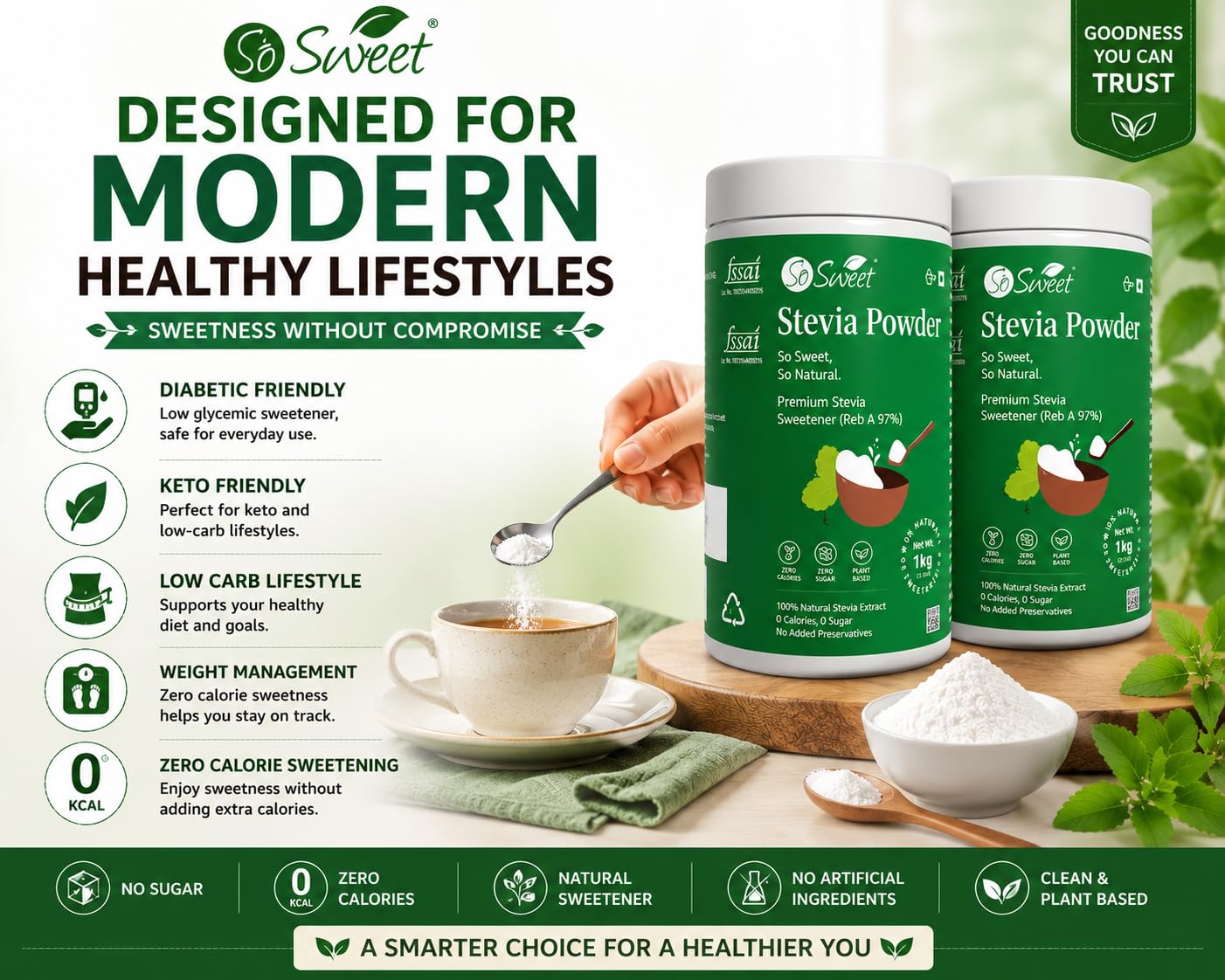 So Sweet Stevia Powder 100% Natural Sweetener - Sugar Free (Pack of 2) 1kg & 250gm 4