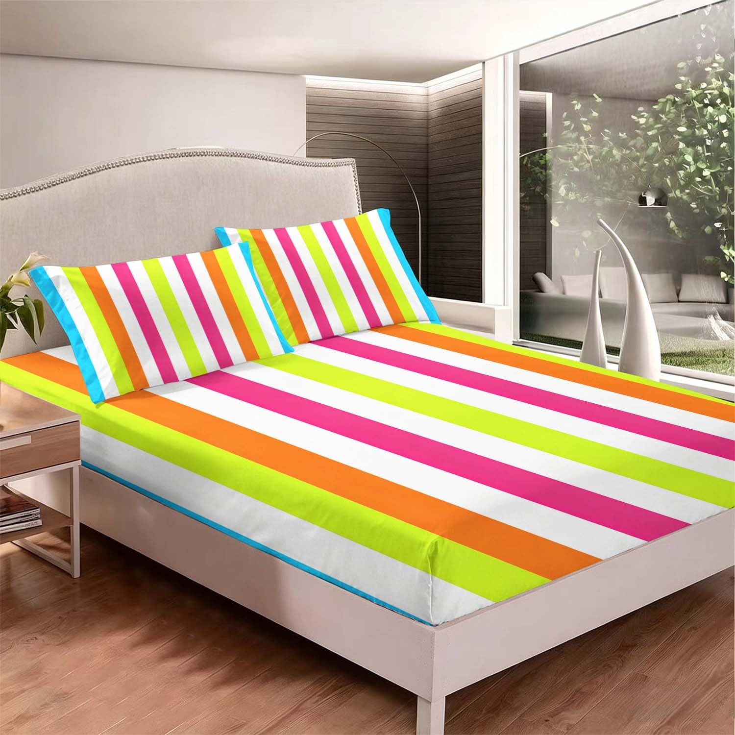Drap Housse 180x200 cm Rayures de Couleur 3D Drap-Housse Arc en Ciel Draps Housses Microfibre 2 Personnes avec 2 Taie d'oreillers pour Matelas Épais XCW5992