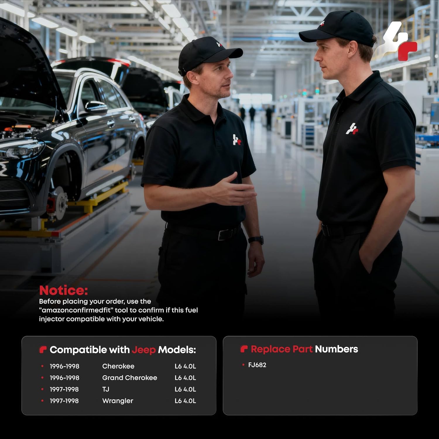 Fuel Injectors Set of 6, Compatible with Jeep Grand Cherokee 1996-1998, Wrangler 1997-1998, Cherokee 1996-1998, TJ 1997-1998-L6 4.0L, 6PCS, Replace Part RL030778AB FJ682