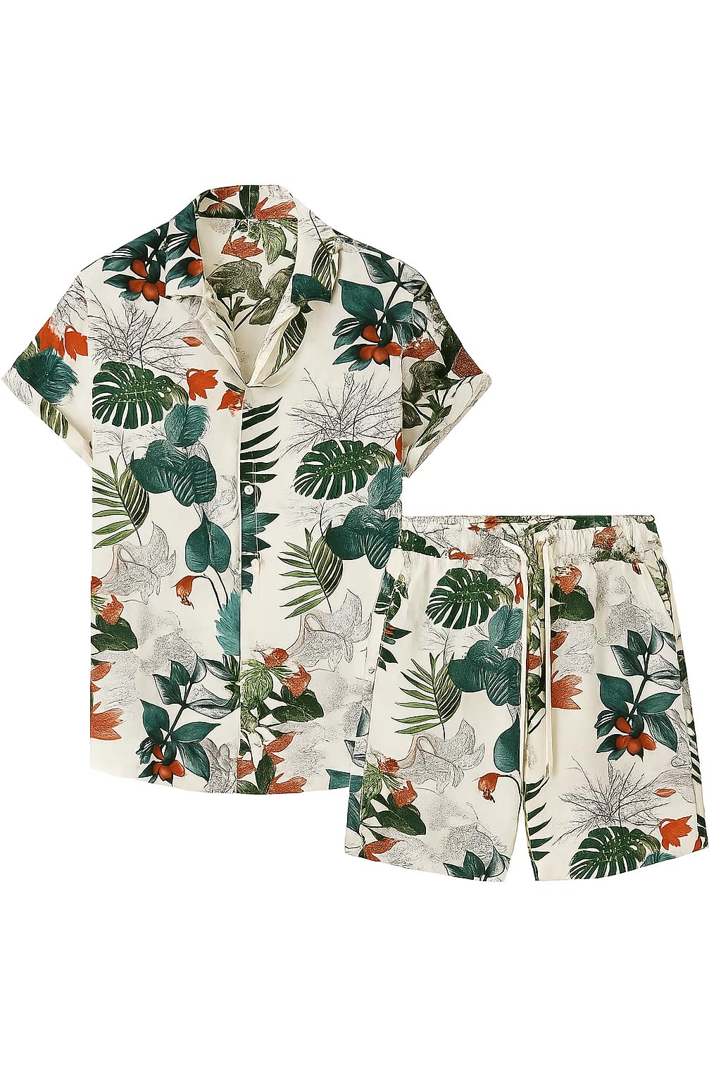 Men's Tropical Floral Print Summer Co-ord Set, Short Sleeve Shirt and Shorts, Beach Night Suit, White with Teal and Orange