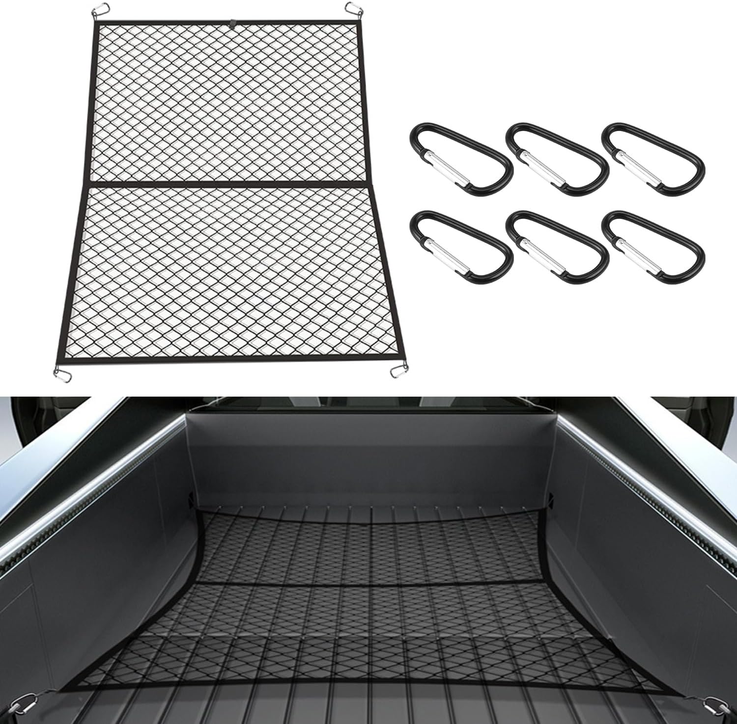 Truck Bed Cargo Net Compatible with Cybertruck Pickup 2024 Elastic Cargo Storage Organizer Mesh Net with 6 Metal Carabiners (Horizontal)