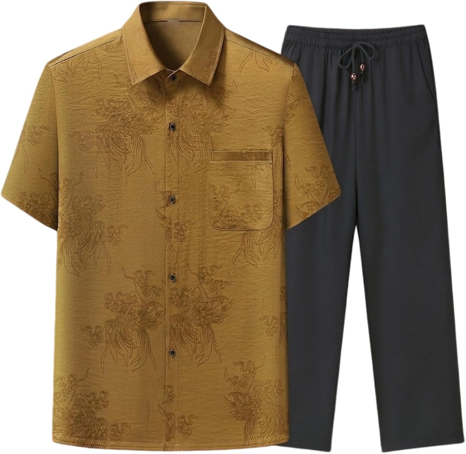Men's Short Sleeve Shirt Set Chinese Printed Lightweight Top and Ankle Pants Casual 2 Piece Outfit