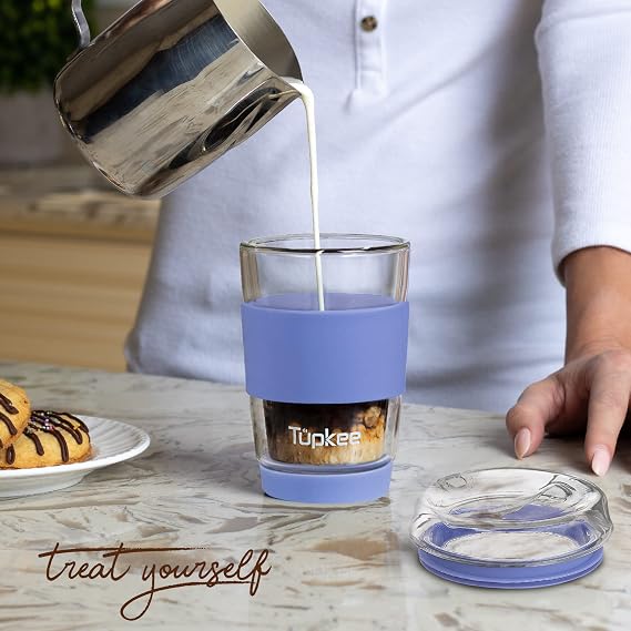 Double Wall Glass Tumbler, 8-Ounce Glass Travel Coffee Mug with Lid