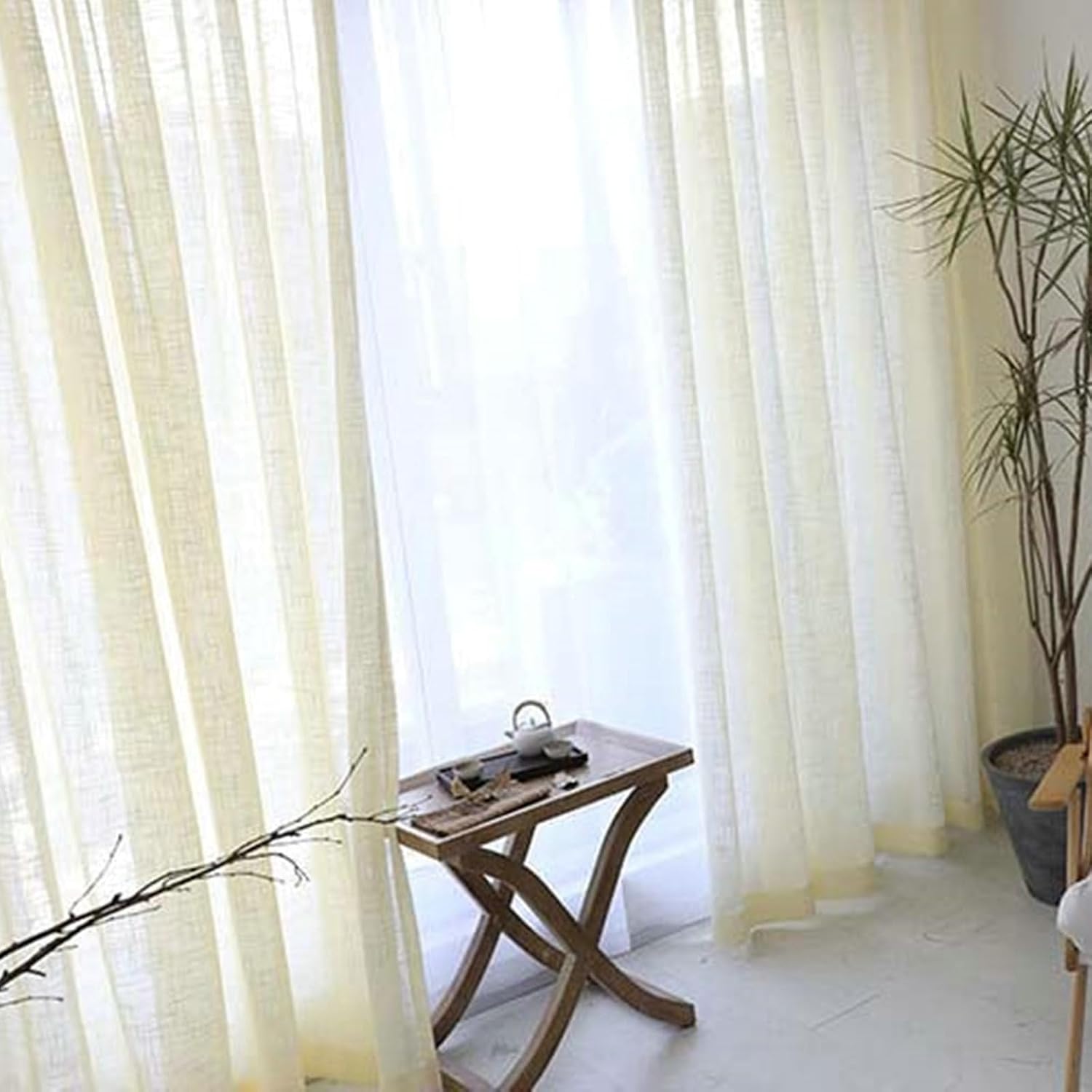 Daesar Sheer Curtains for 2 Panels Set, Polyester Linen Hook Voile Curtains 55" W x 85" H Drapes Chinese Style Solid Color Beige Yellow Transparent Curtains for Bedroom Living Room