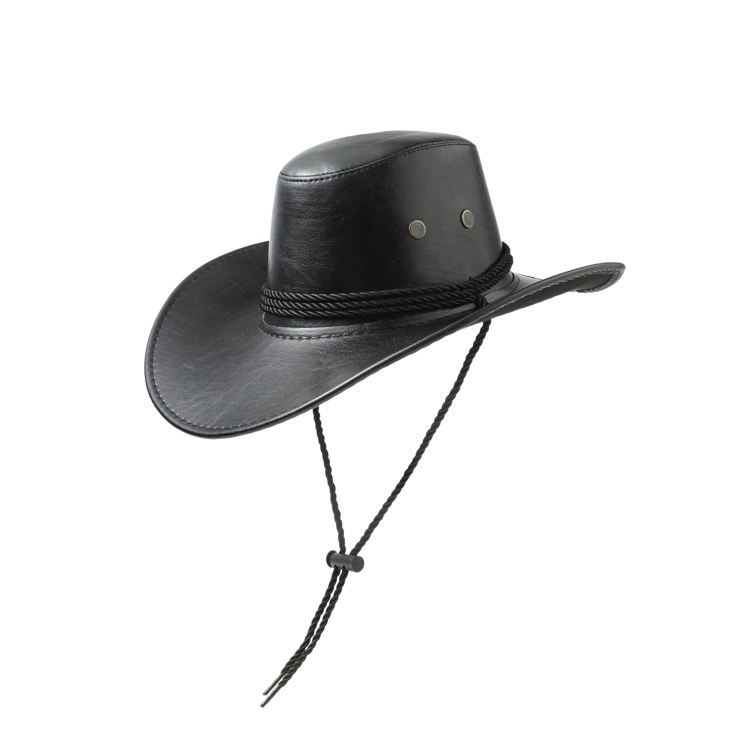 Komonee Cowboy Hat Black PU Distressed Leather Western Sun Cap Fancy Dress Party Costume Outfit Accessory Travel Outdoor Sun Protection Mens Womens Fashion