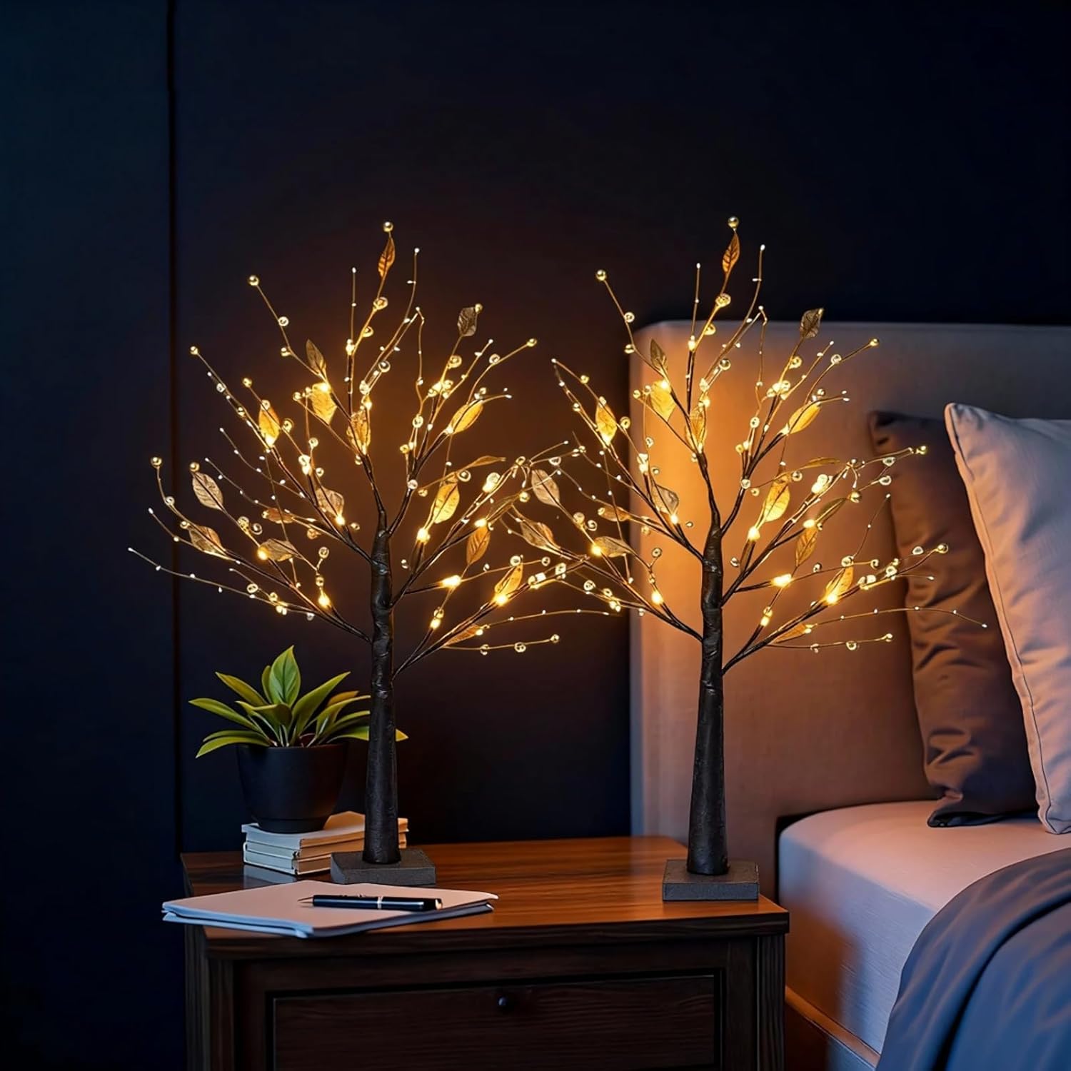 Red Berry Blossom Tree with Lights, 24 LED Lighted Branches, Artificial Bonsai Lamps, Christmas Tabletop Decor for Living Room, Bedroom, Home Gifts (2, Red)