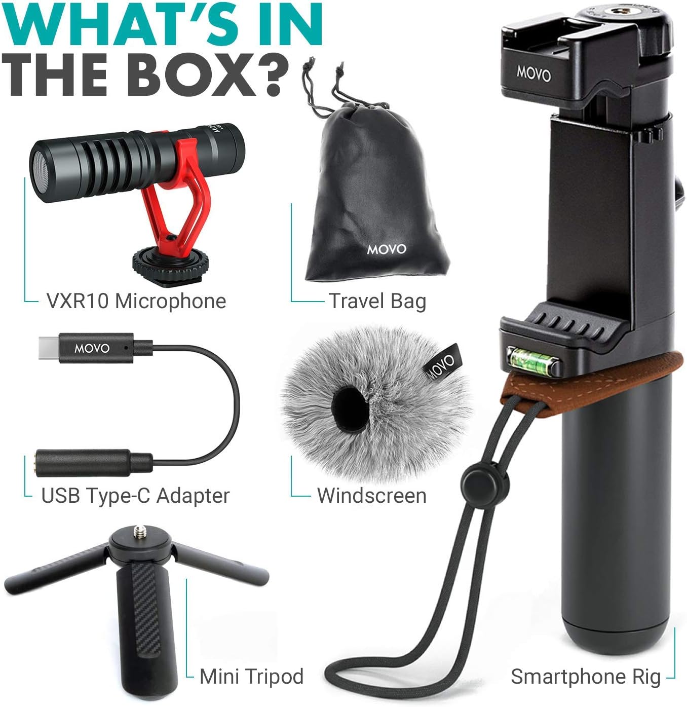 Movo Smartphone Video Rig with USB Type-C Adapter, Tripod, Shotgun Mic, Grip Handle, Wrist Strap Compatible with Android and Other USB Type-C Devices - Perfect for TIK Tok or Vlogging Equipment