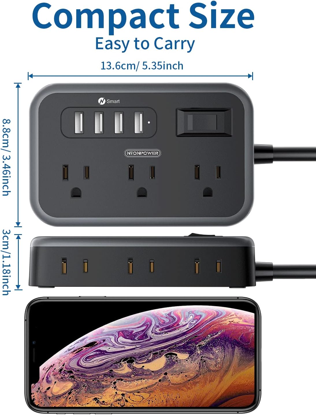 Flat Plug Extension Cord 15 Ft, NTONPOWER 6 Widely Spaced Outlet(2 Side) Power Strip with 4 USB Ports, Wall Mount Charging Station, Overload Protection for Home Office, Dorm Room and Nightstand-Black…