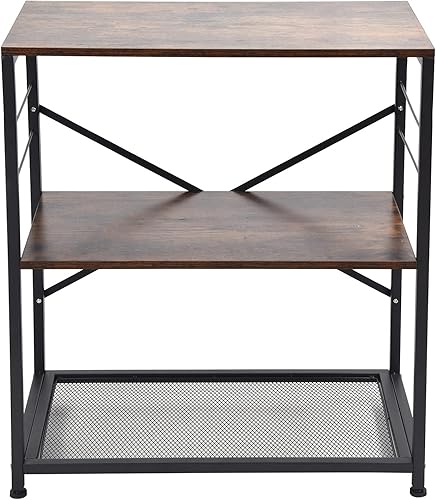 TOPINCN Soporte de almacenamiento para microondas de 3 capas marrón rústico con ganchos, fuerte carga para cocina, oficina, sala de estar, estante