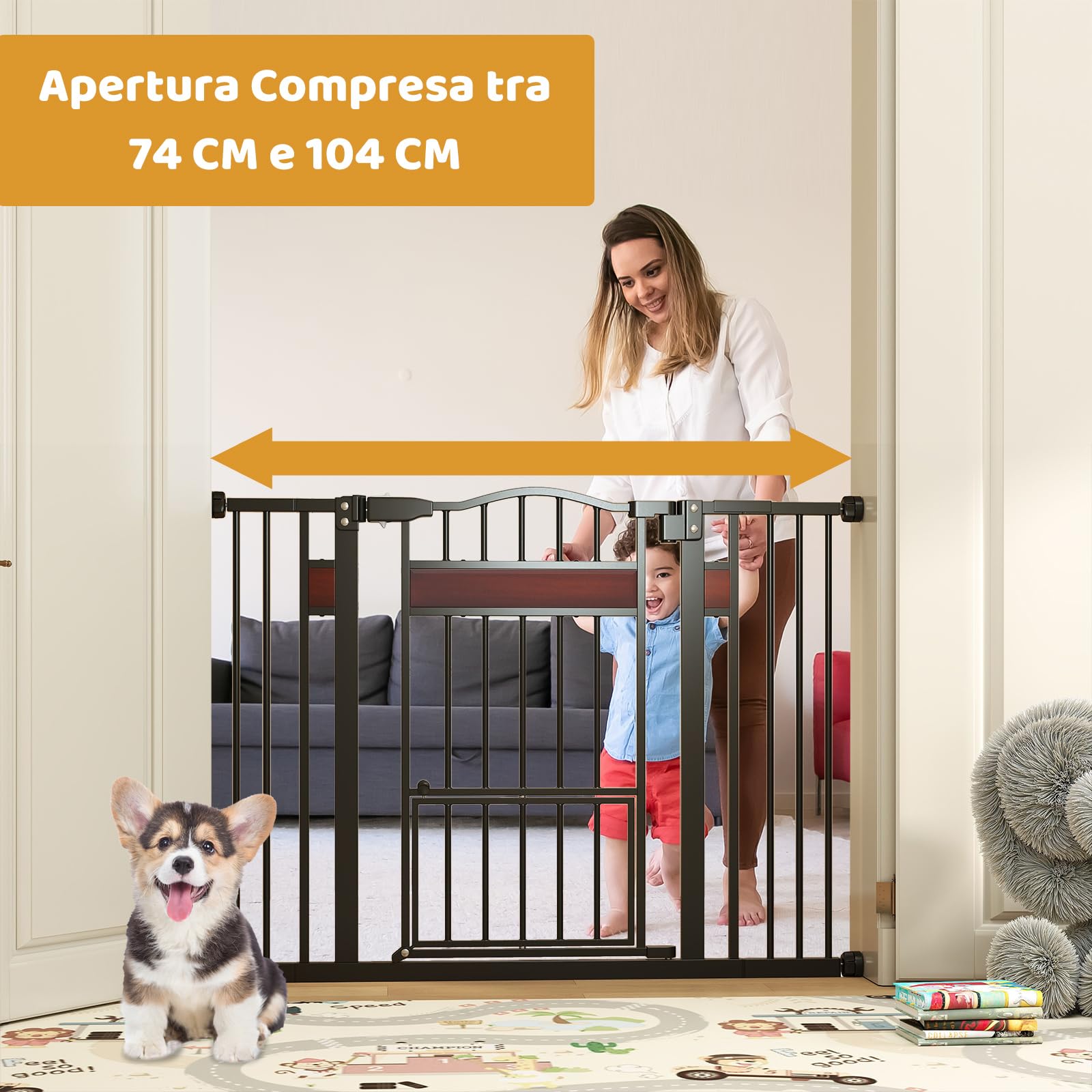 COSTWAY Cancelletto per Cani per Aperture 74-104 cm, Cancello per Cani con Porta Piccola, 2 Estensioni e Doppio Blocco, Cancelletto in Metallo da Interno per Cucina, Scale e Soggiorno (Nero)