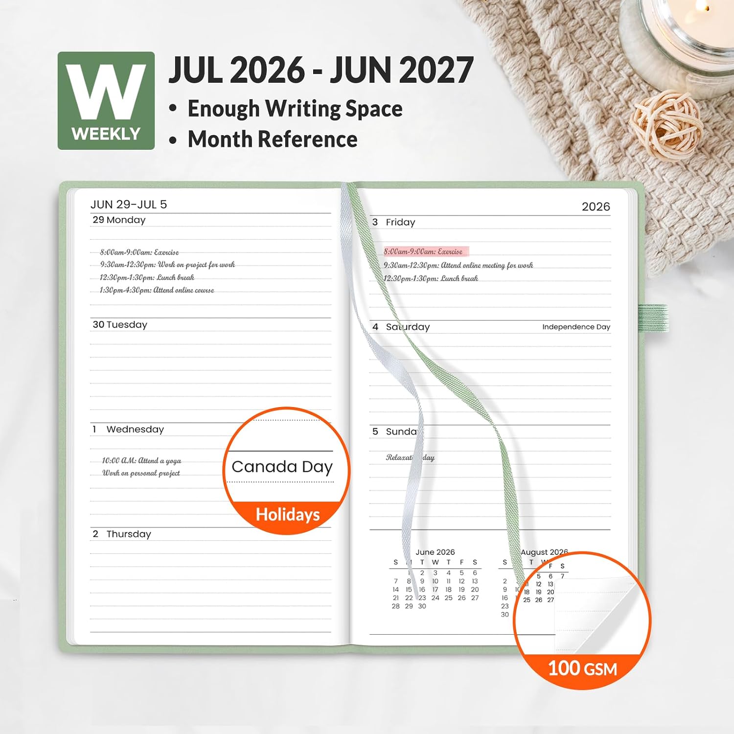 SUNEE 2026-2027 Pocket Weekly Planner for Purse 3.5" x 6" - 12 Month (July 2026 - June 2027) Academic Year Calendar, Pocket Size Planner, Hardcover, Note, 100 GSM Paper, Sage Green image 3