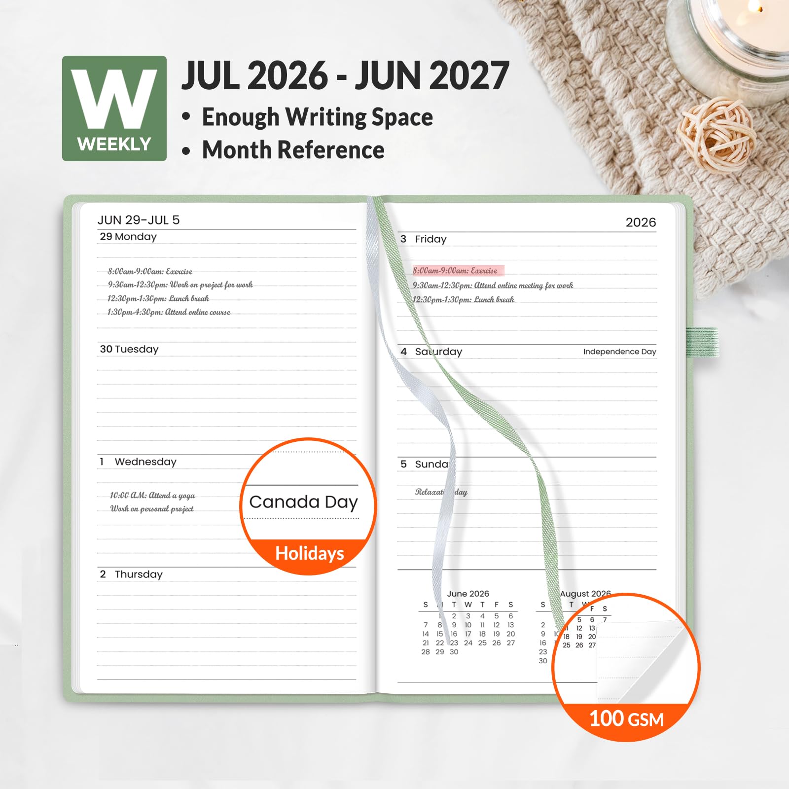 SUNEE Agenda settimanale tascabile 2025-2026 per borsa, 8,9 x 15,2 cm, 12 mesi (luglio 2025 - giugno 2026), calendario dell'anno accademico, agenda tascabile, copertina rigida, note, carta da 100 g/m²