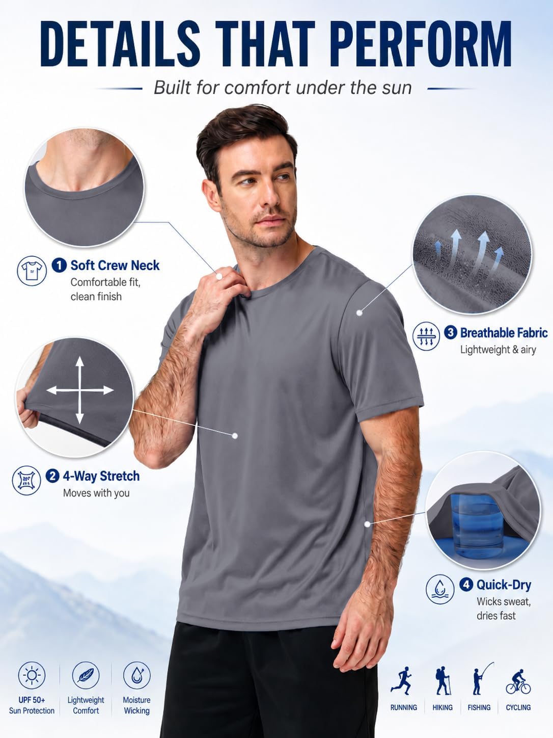 ZITY 5 Packs Men's UPF 50+ Sun Protection T-Shirts Workout Fishing Swimming Rash Guard Fast Dry Breathable Shirt