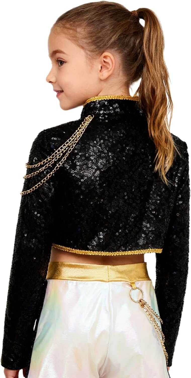 Girls Shiny Sparkle Coat with Chains Stand Collar Gold Braided Trimming Jacket for Children's Day