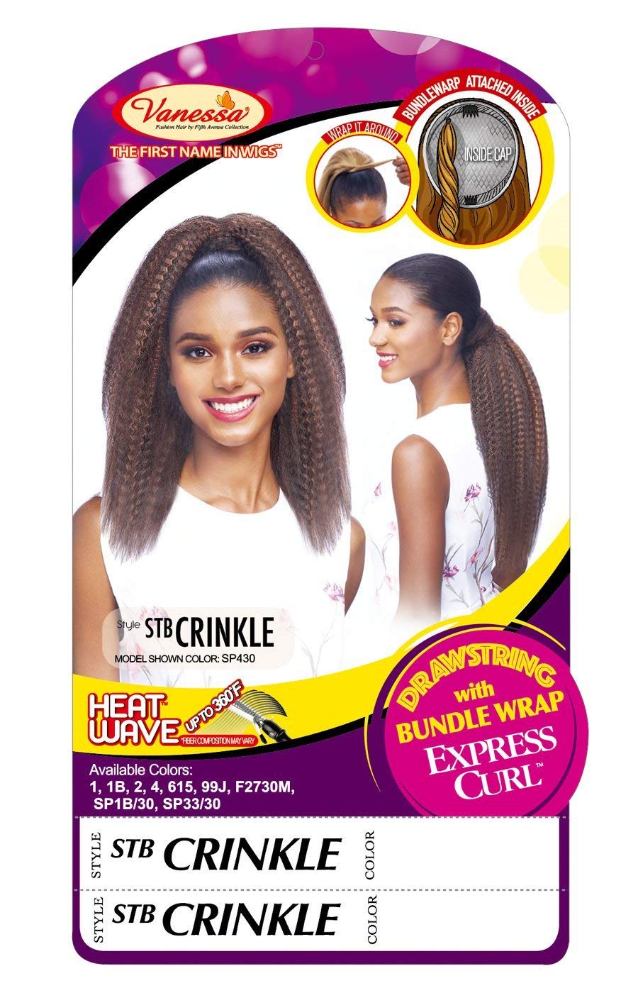 VANESSA Express Curl Drawstring with Bundle Wrap Long Length Ponytail Premium Synthetic High Heat Fiber End Loose - STB CRINKLE (1B)