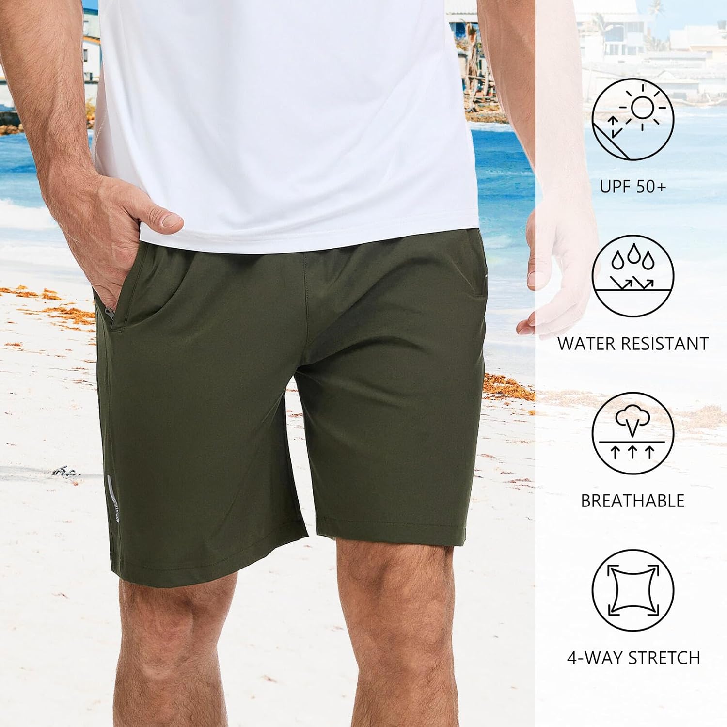 Men's UPF 50+ 7" Inseam Hiking Shorts with 3 Zipper Pockets Water Resistant Quick Dry Lightweight for Outdoor Fishing