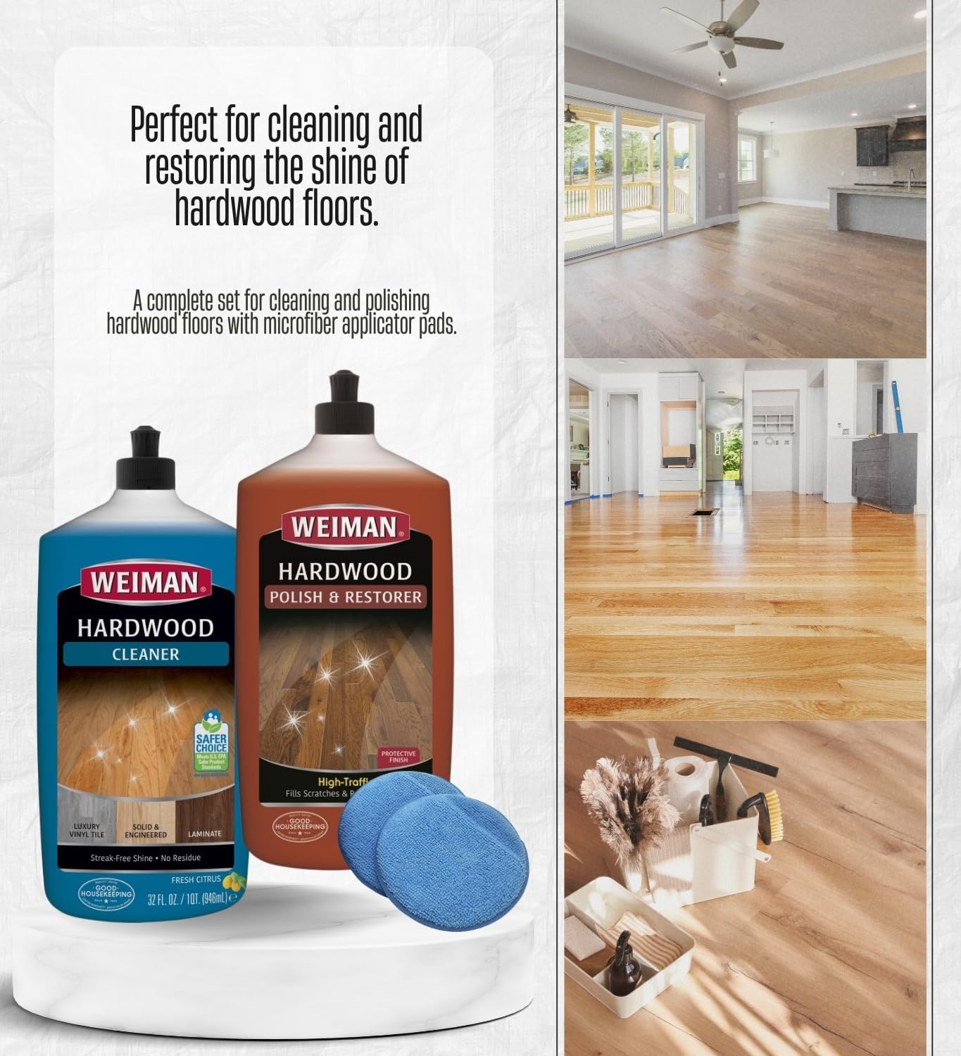 Weiman High Traffic High Gloss Hardwood Floor Polish & Restorer 32 oz, Citrus Scent Cleaner 32 oz Bundle with Microfiber Applicator Pads – Protects, Cleans & Shines – Gift Set (3 Items)