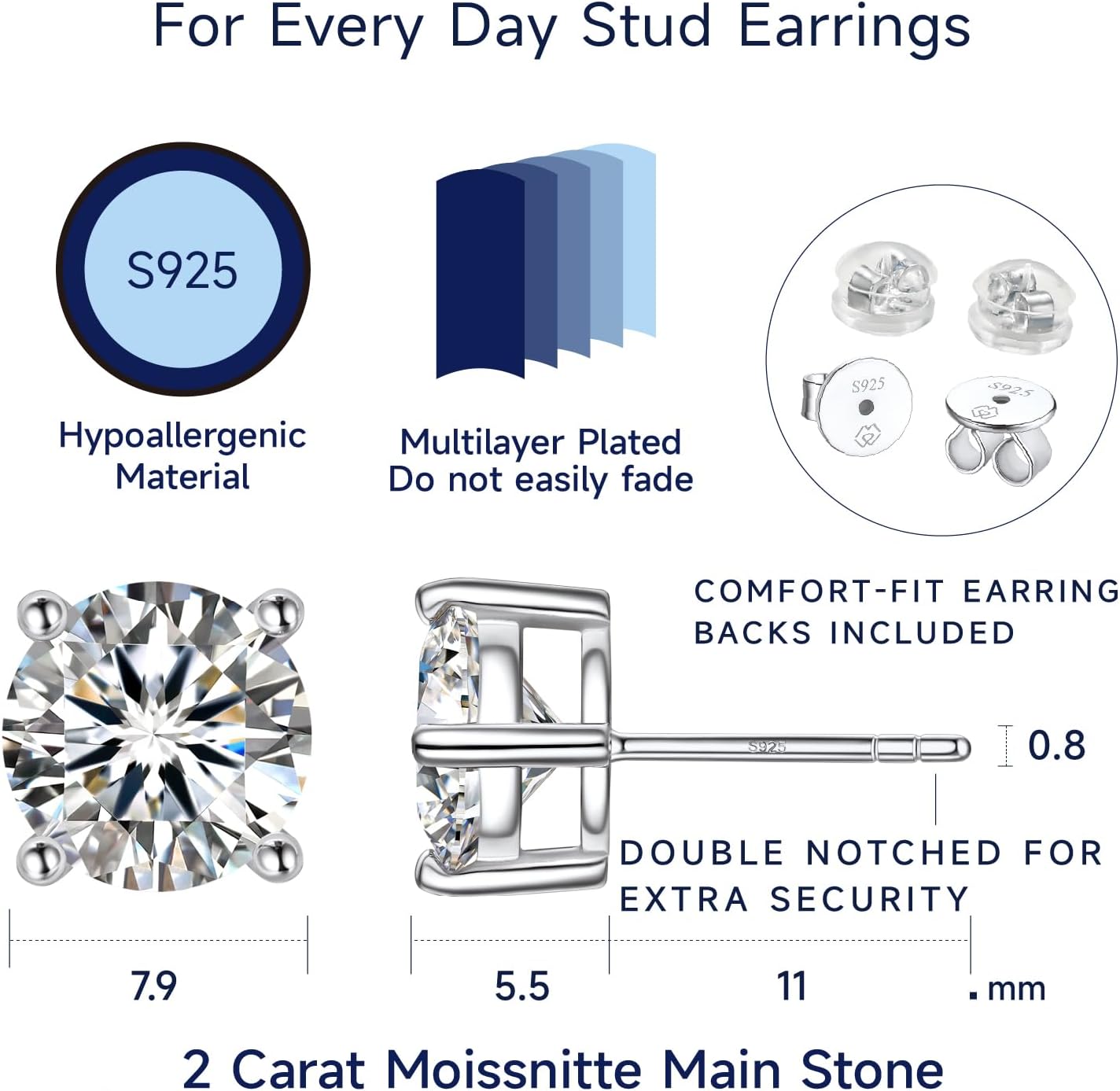 MomentWish Moissanite Earrings, Birthday Gifts for Her, D Color VVS1 Clarity Moissanite Stud Earrings, White Gold Plated 925 Sterling Silver Studs Jewelry for Women Men - Image 7