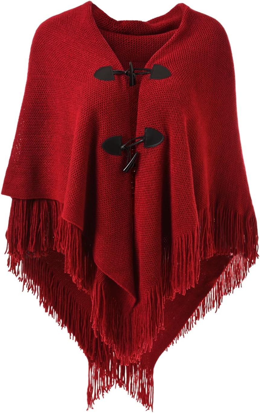 Ferand Women’s Loose Fitting Poncho Cape Shawl with Stylish Horn Buttons, V Neckline and V Hem
