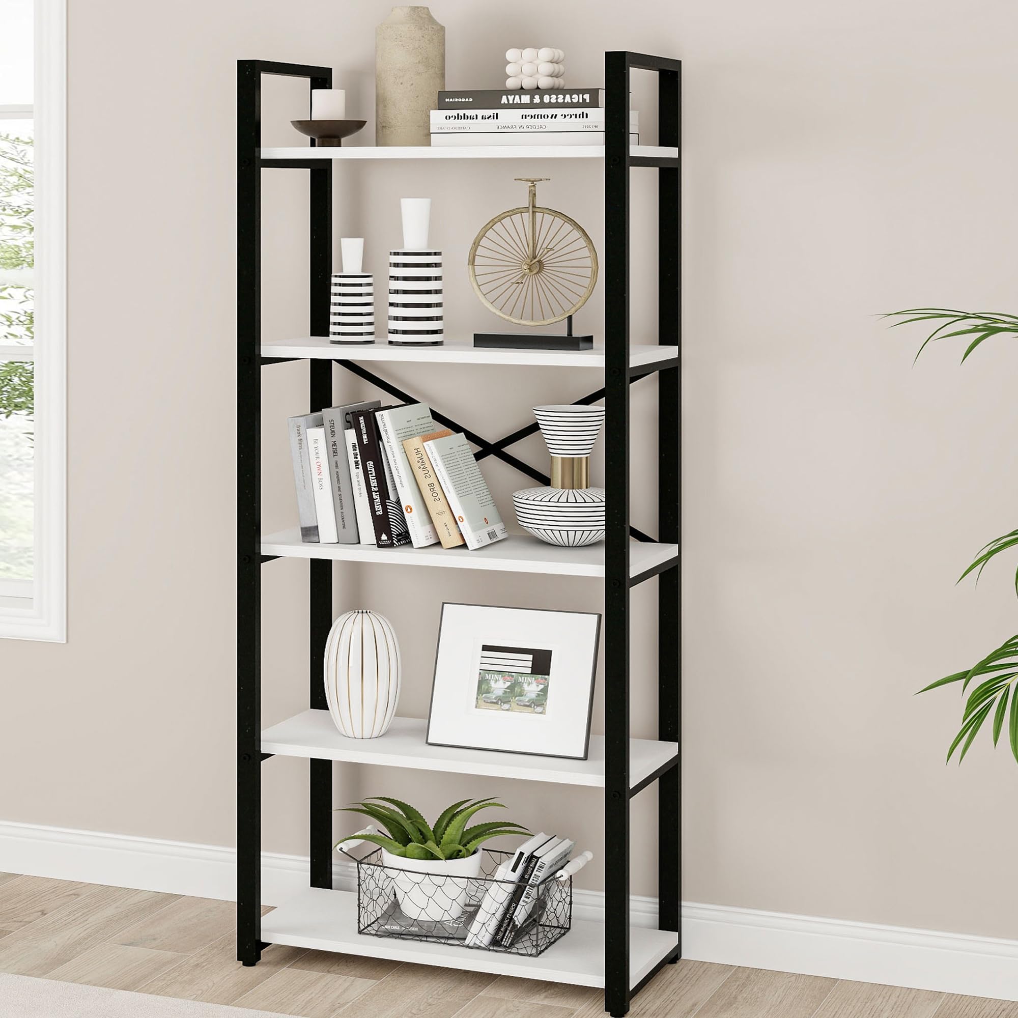 Acovy 5 Tier White Bookshelf Rustic Industrial Style, Storage Shelves, Metal Book Shelves Bookcase Book Shelf Display Shelf for Home Office, Living Room, Bedroom, Kitchen (23.6" W, White)