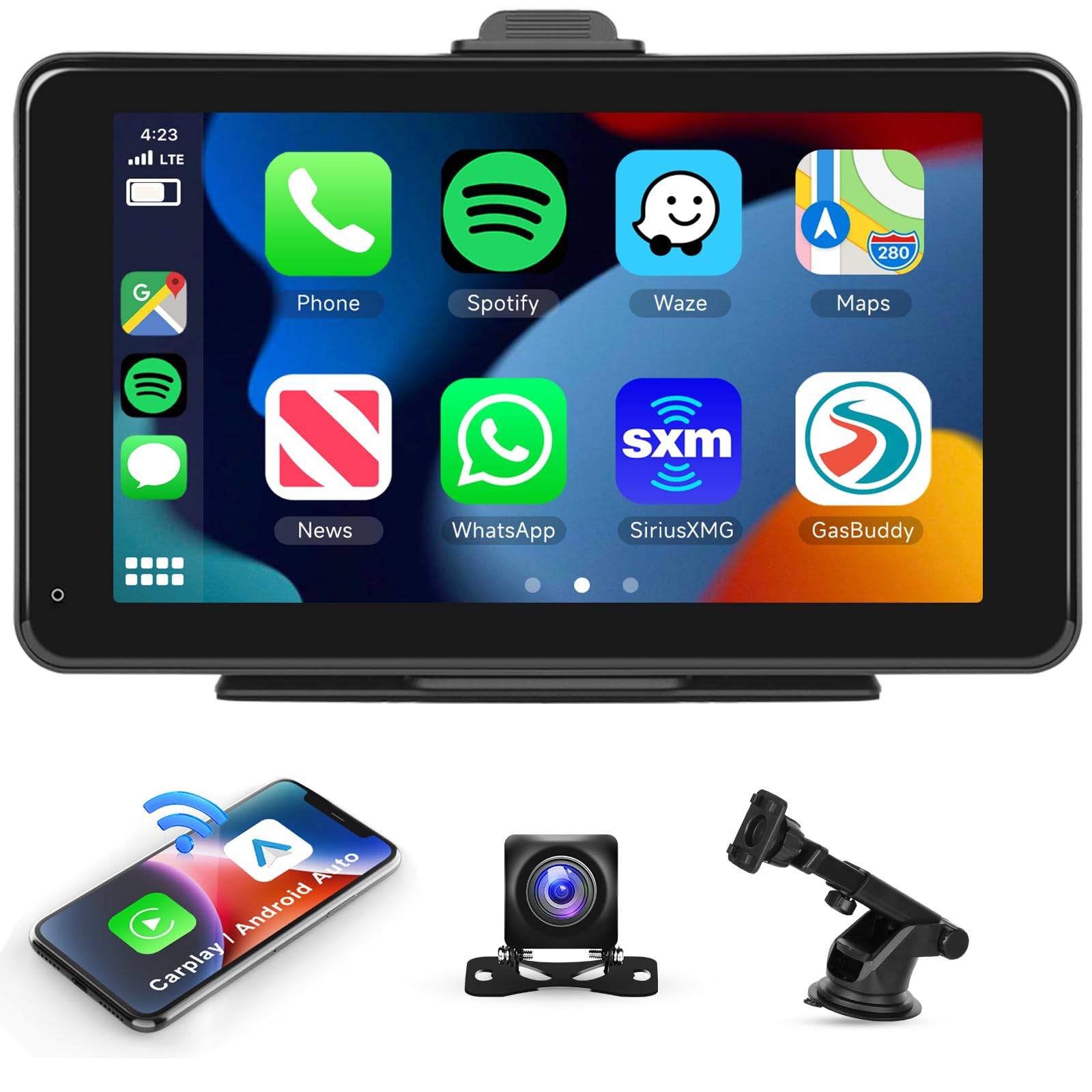 Podofo Wireless Apple Carplay Car Stereo, Portable Car Play and Android Auto Screen for Car with 1080p Backup Camera, Mirror Link/Siri/FM/AUX/Bluetooth/Navigation, 7" Touchscreen Car Radio Receiver