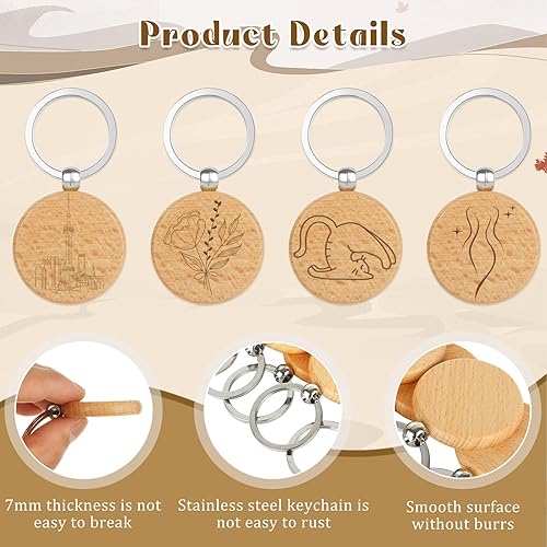 Miniatura 3 de Oungy 50 llaveros de madera en blanco, sin terminar, redondo, llavero de madera en blanco, llavero de madera a granel para grabar, manualidades,