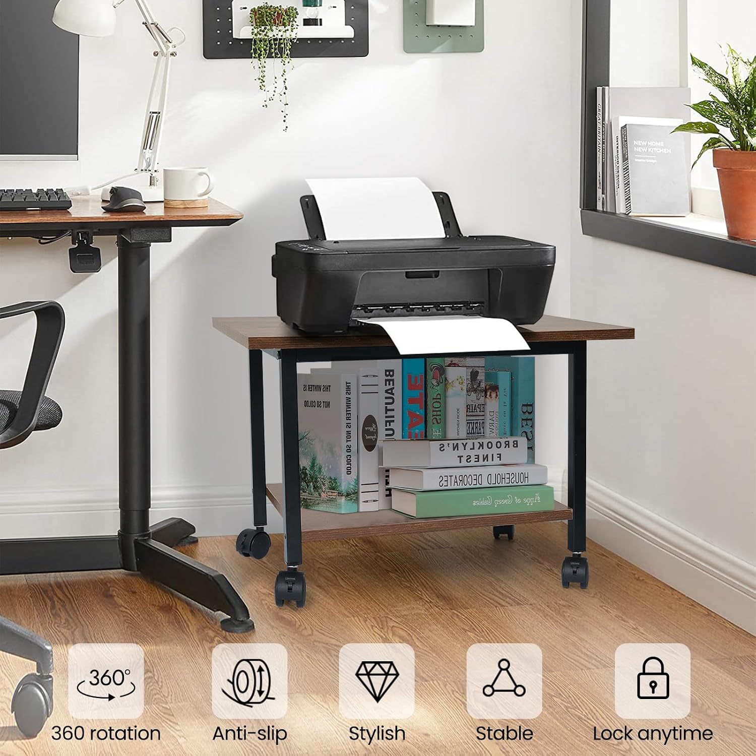 SwaaVee Printer Stand with Storage Under Desk Shelf, Desktop Printer Stand Organizer, Rolling Printer Cart Storage Paper Files Holder for Desk, Office, Home, (Rustic Brown)