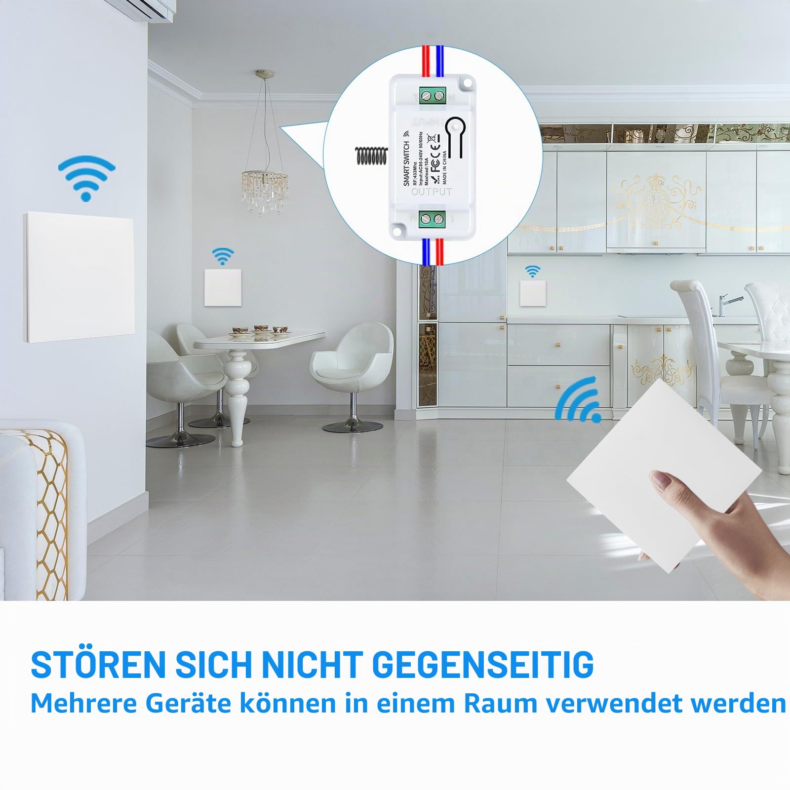 KADMOS Funk-Lichtschalter Set,selbstversorgt Funk Lichtschalter,Drahtloser Schalter- keine Batterie erforderlich,automatischer Rebound-Schalter,keine Verkabelung erforderlich (3key 3receiver-White)