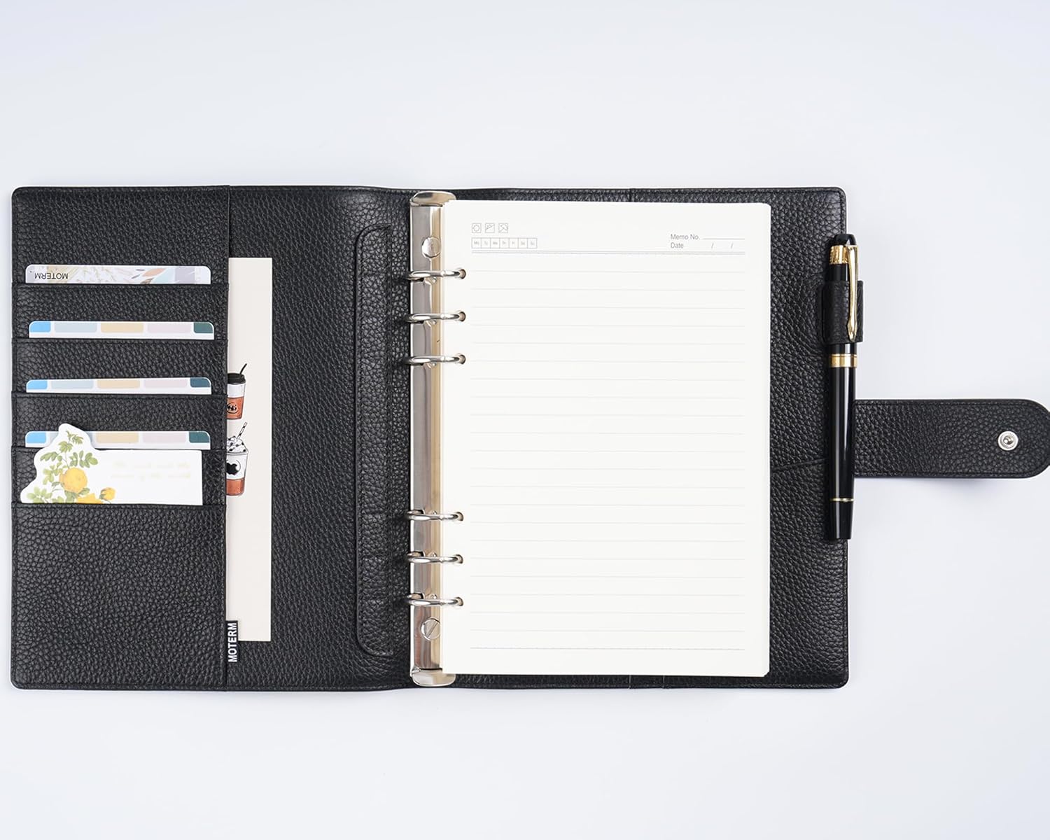 Moterm A5 Elite Rings Planner - Genuine Leather Binder Organizer without Big Back Pocket (Pebbled-Black, 25mm Ring)