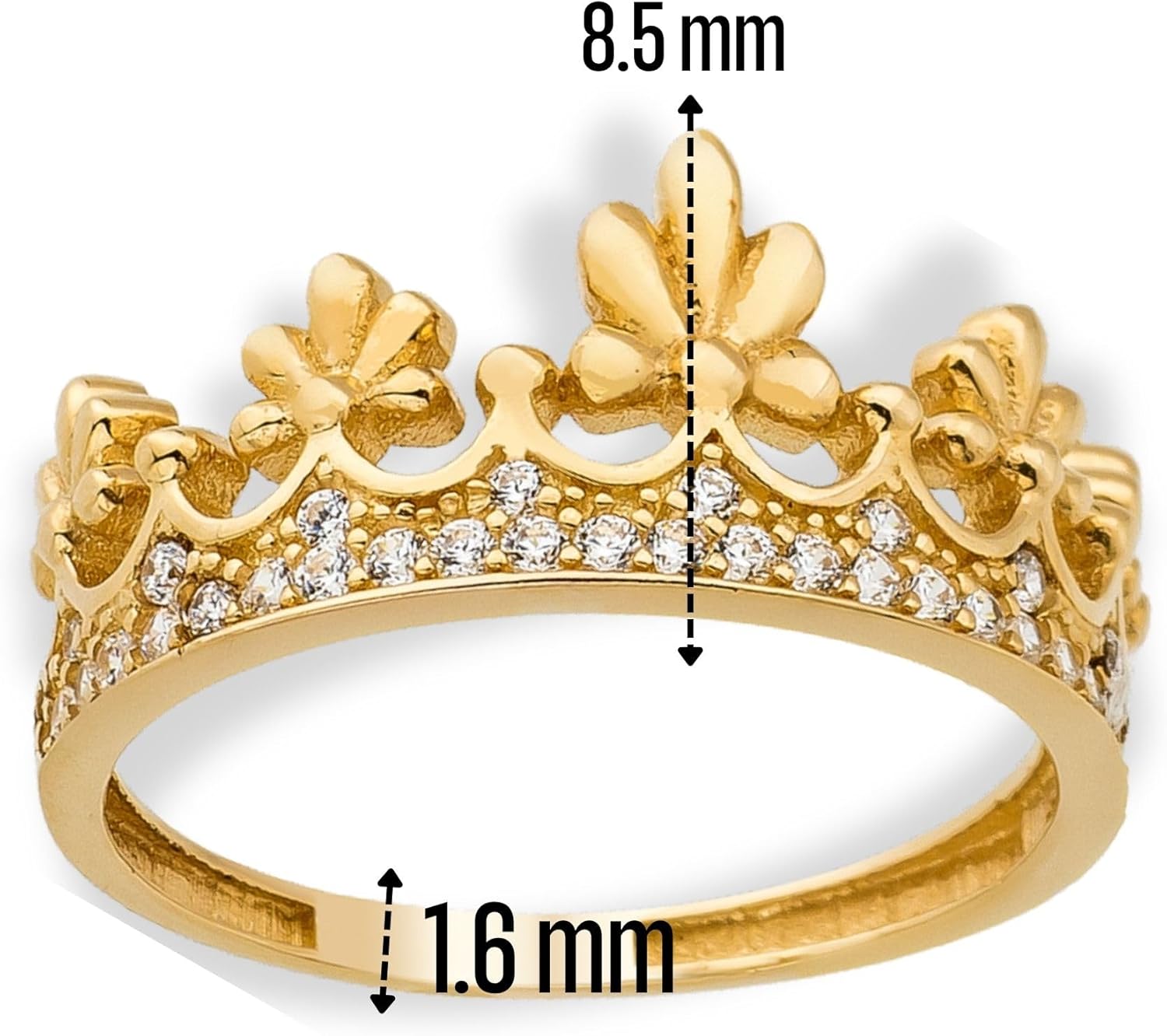 14K Real Solid Gold Ring for Women, Queen Crown Engagement Ring Thin Simulated Diamond, Thickness 1.6 mm