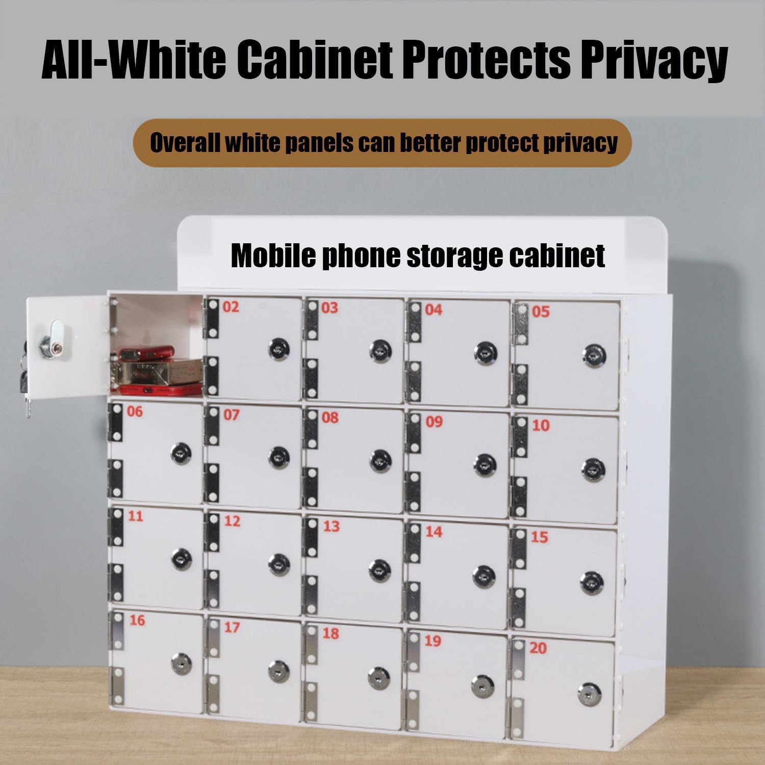 Mobile Phone Storage Box Transparent Acrylic Mobile Phone Security Locker with Key,Wall Mounted White Acrylic Phone Storage Cabinet with 40 Slots & Keys - Ideal for Classroom, Office, School
