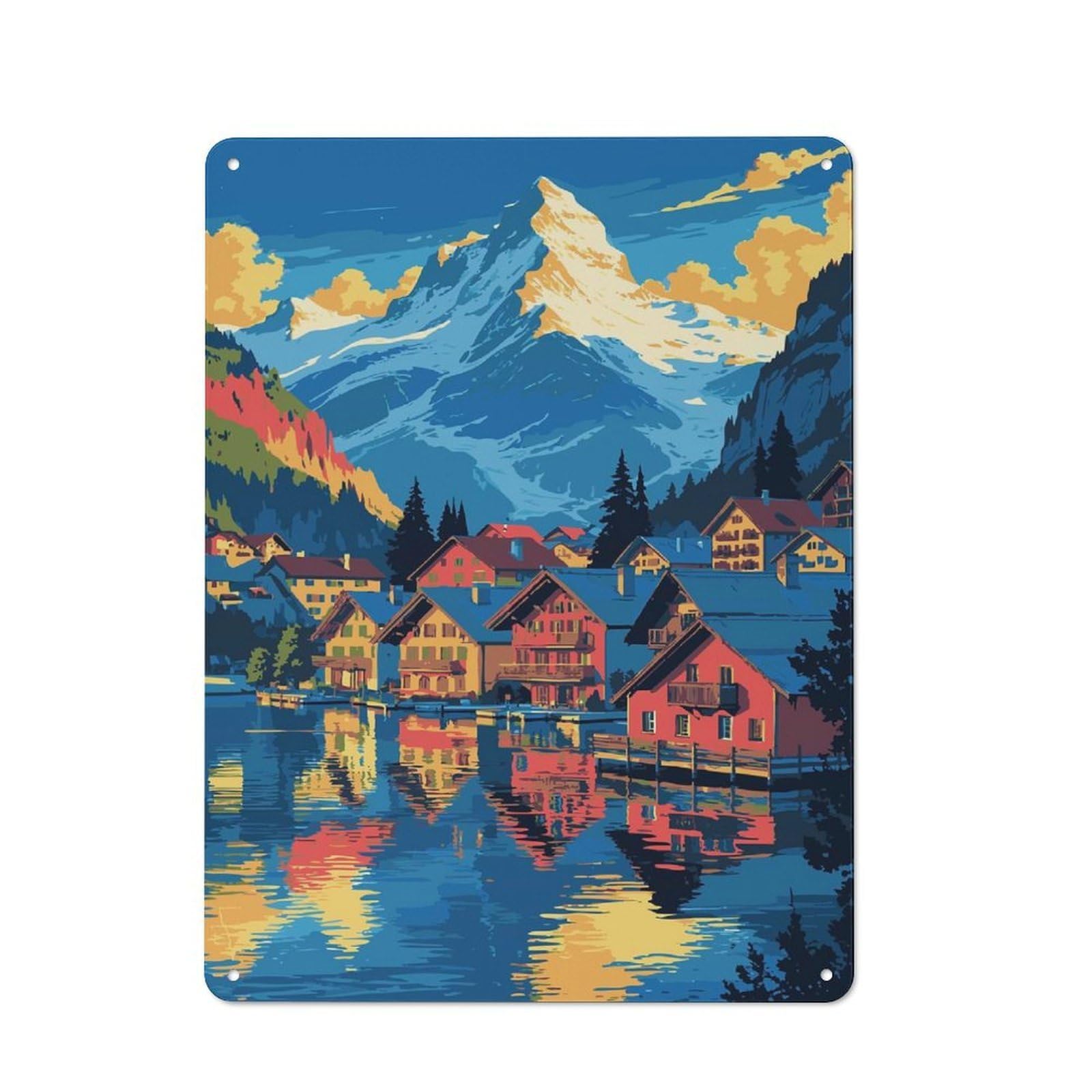 Junmoney Style-9 Tin Sign With Mountain Village Lake Reflection Art Design 40X30cm, Understated Studio Wall Plaque For Hobby Room, Office, Lounge Or Living Room
