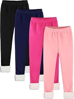 4 Pack Girls Winter Cotton Fleece Lined Leggings Warm Thick Stretchy Thermal Tights Pants Full Length Pants