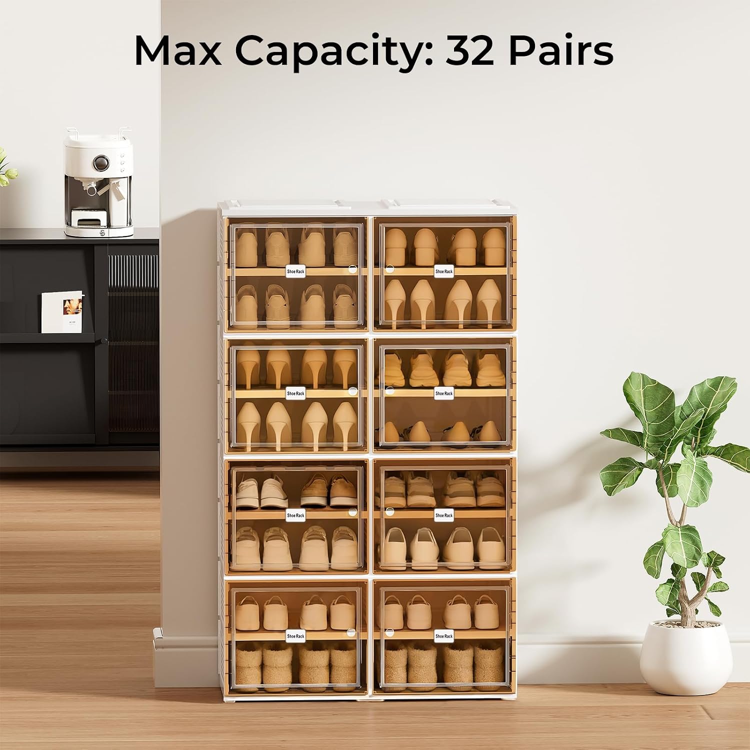 8 Tiers Foldable Shoe Storage Cabinet with Magnetic Doors,Shoe Rack Organizer for Closet Entryway,Large Dust-Proof Shoe Storage Boxes Hold Up to 32 Pairs,Easy Assembly
