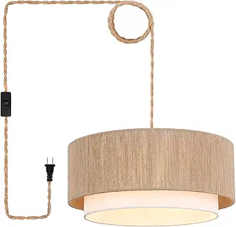 Plug-in Pendant Light, 18” Rattan Chandelier with 15.7FT Cord and Handwoven Hemp Rope Lampshade