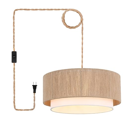 Plug in Pendant Light, 18” Rattan Plug in Chandelier with
