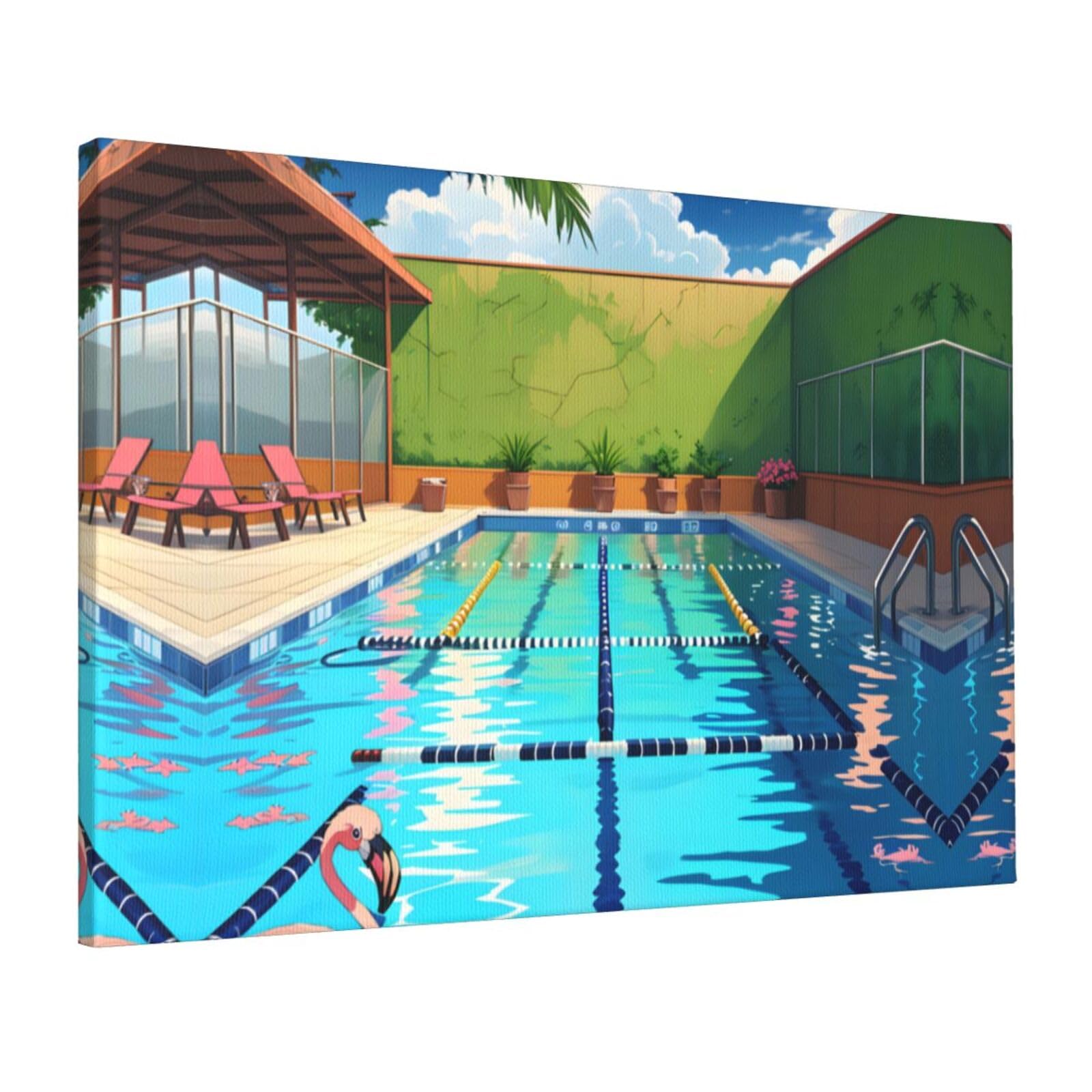 CNTDBU Flamingo and swimming pool Canvas Wall Art 16x24 Inch-Large Modern Painting Print for Living Room, Framed Ready to Hang Artwork for Bedroom