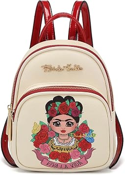 Frida Kahlo Artistic Mini Backpack, Cream and Red Patent Leather, Mexican Folk Art Design with Rose Floral Pattern, Fashion Accessory