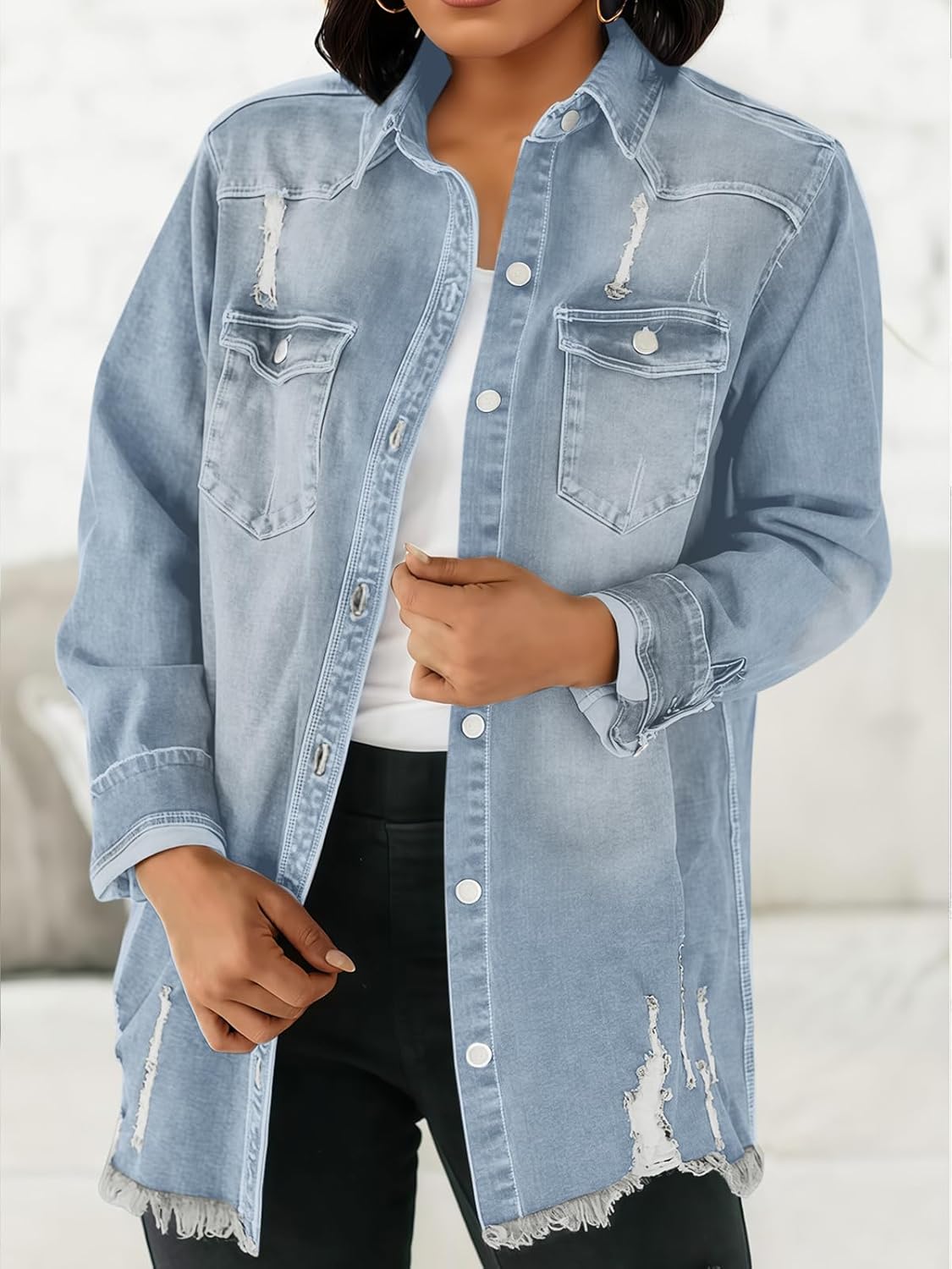 PerZeal Women's Oversized 2 Piece Denim Jacket Casual Long Sleeve Shirts Distresse Jean Coat 2025 Outfits (Pack of 2) - Image 3