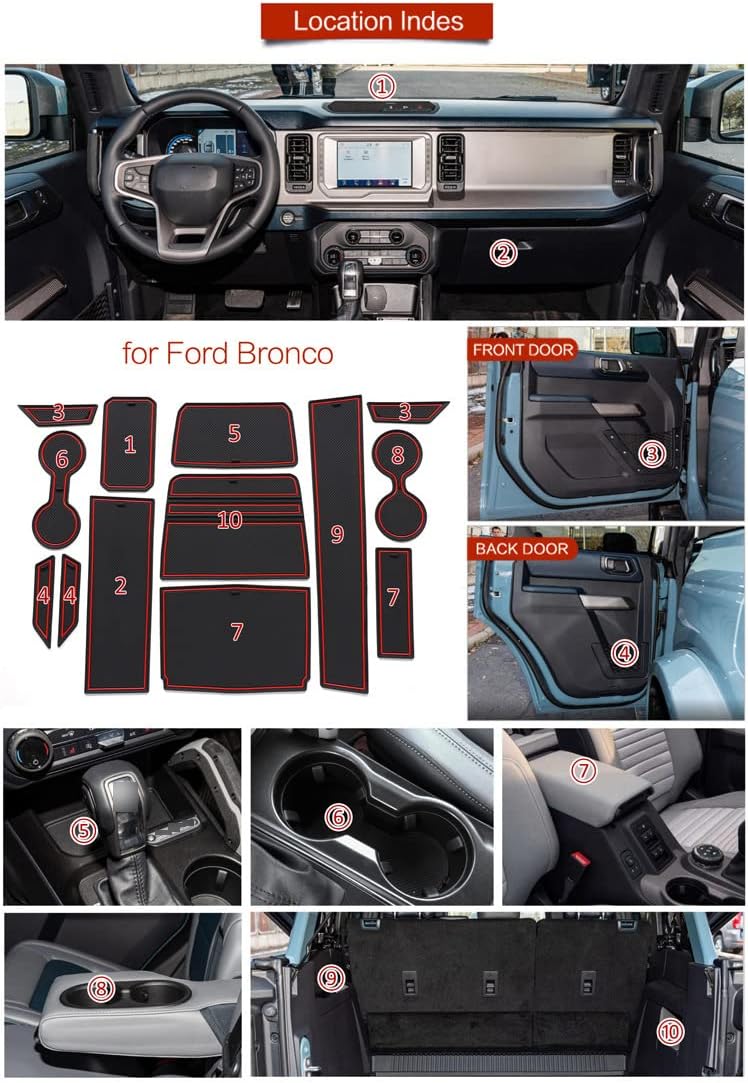 13pcs Cup Holder Insert Liners for Ford Bronco Accessories 2021 2022 4 Door Custom Fit Door Pocket Center Console Shift Lever Trunk Interior Mats