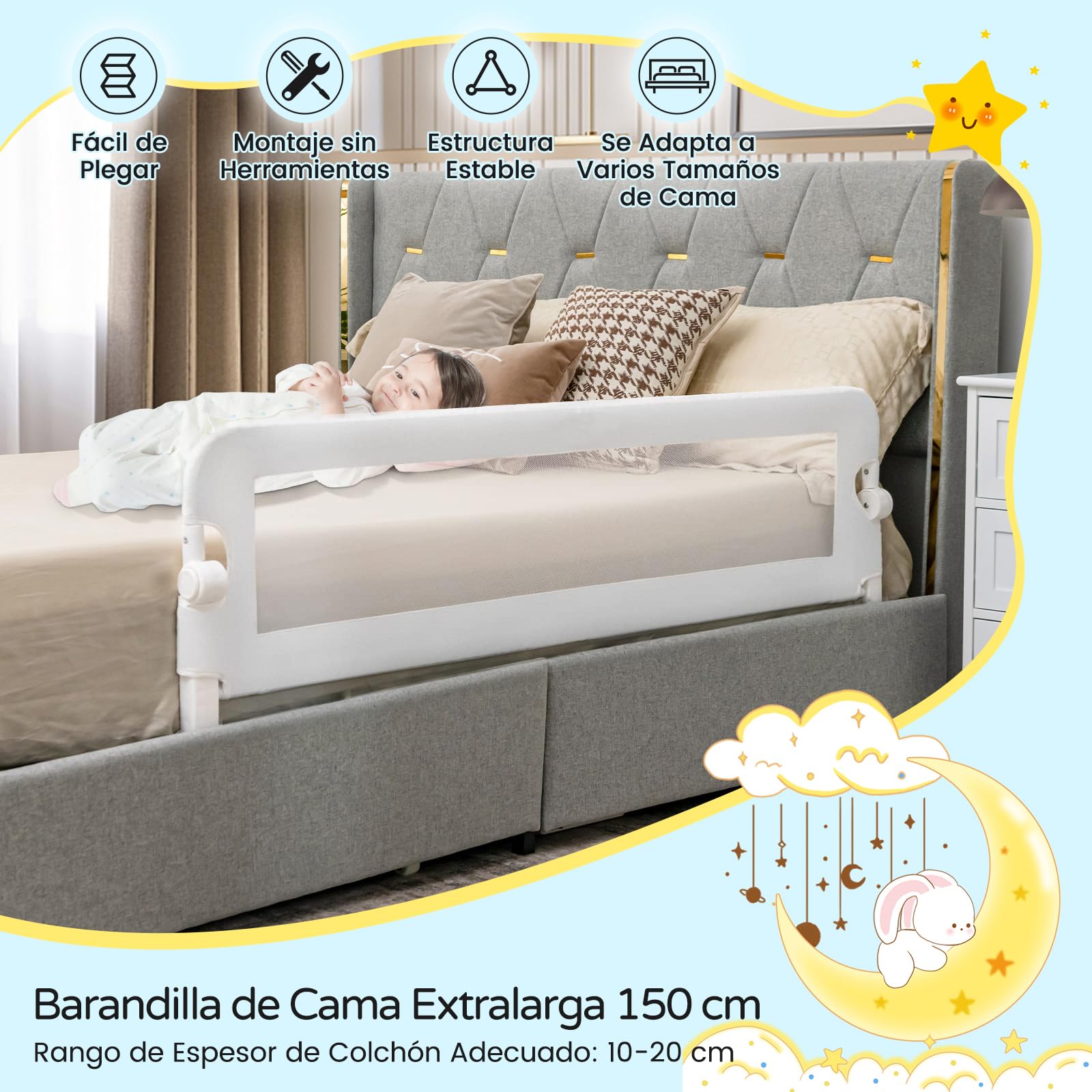 RELAX4LIFE Barrera Seguridad Niños Cama Plegable 105/120/150cm, Barandilla Cama Niño Abatible de Metal y Tela Oxford con Malla Transpirable para Camas Individuales y Dobles (Blanco, 150x40x42cm)