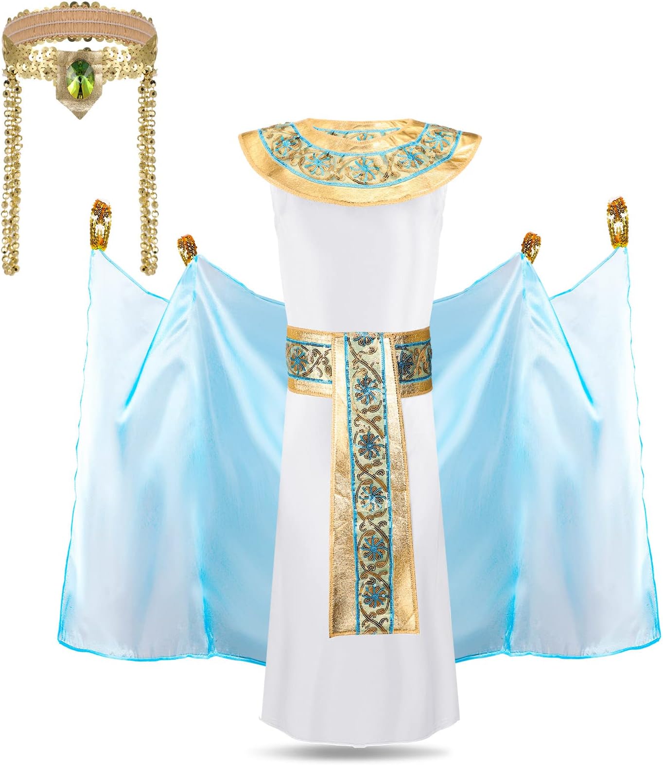 Sintege Egyptian Costumes for Girls Cleopatra Costume Accessories Kit Ancient Egyptian Costume for Kids Fancy Blue Dress Mardi Gras Masquerade Party Cosplay Costume for Children, 6 to 8 Years