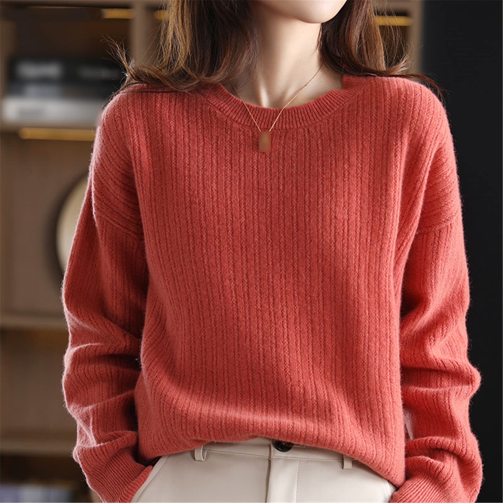 Kelsiop Suéter de cachemira 100% lana merino para mujer, cuello redondo, suéter de punto casual, chaqueta de otoño e invierno