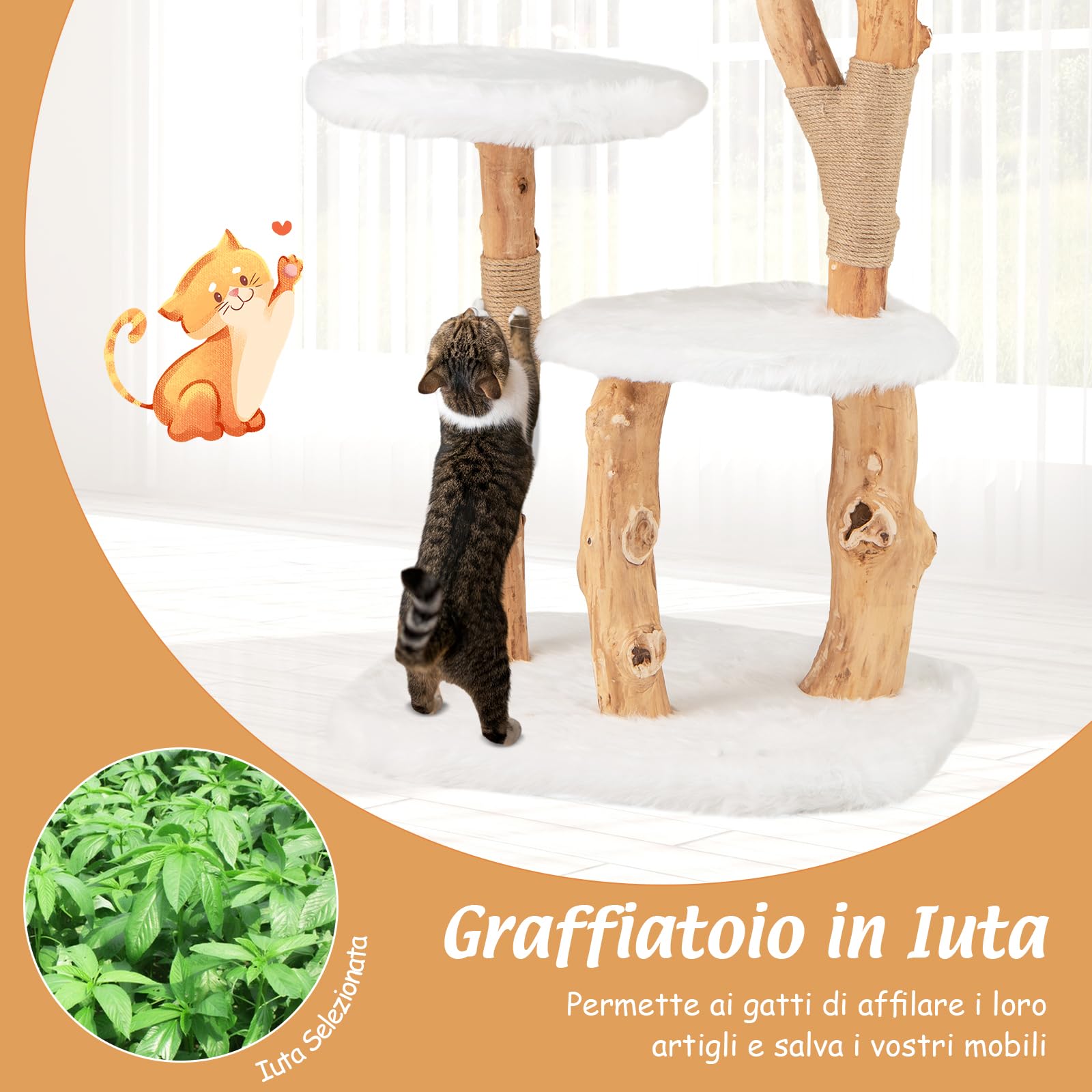 GYMAX Tiragraffi per Gatti, 59 x 49 x 110 cm, Sisal, in Legno Massiccio, Ideale per Gatti Adulti (Stile 3)