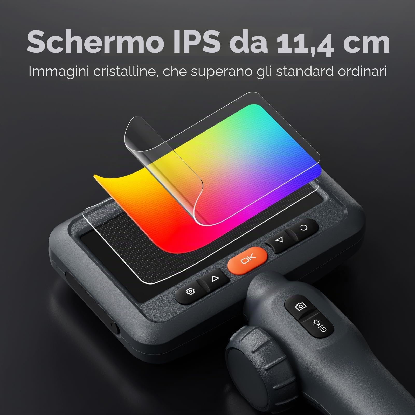 DEPSTECH Endoscopio Doppia flessione 210° con due lenti, Telecamera Endoscopica HD 1080P con luce LED, display IPS da 4,5", sonda telecamera impermeabile flessibile da 8 mm per ispezioni auto (1,5 m)