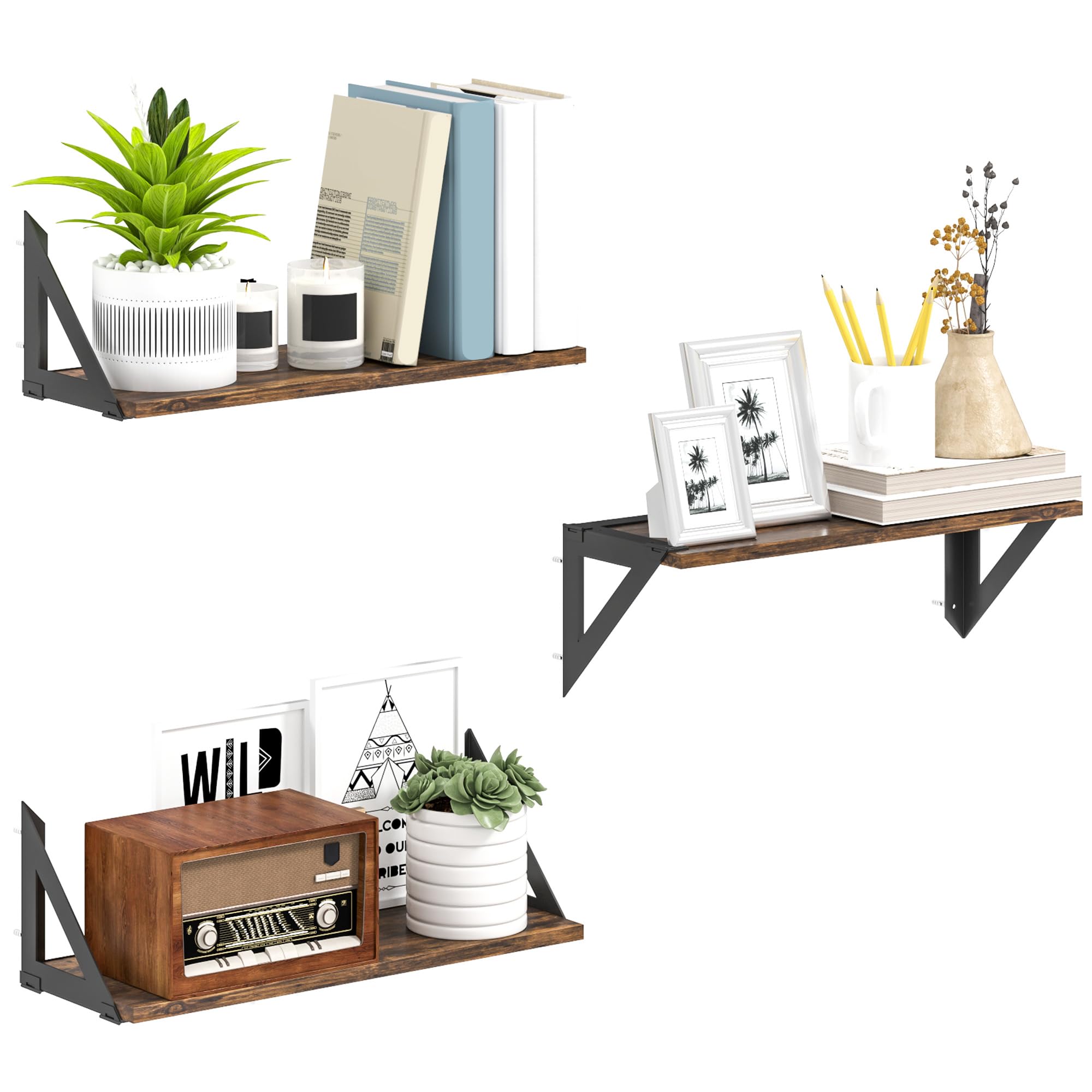 HOMCOM Set of 3 Wall Shelves Vintage 43cm Floating Shelves Rustic Brown