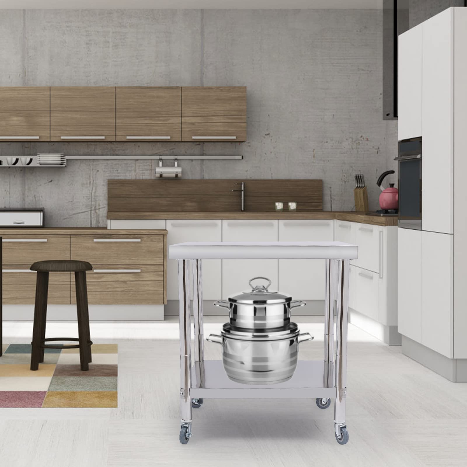 Tavolo da lavoro in acciaio inox, 76 x 60 x 85 cm, piano di lavoro professionale con 4 ruote, freno di stazionamento, portata 300 kg, tavolo in acciaio inox, per ristorazione, scuola