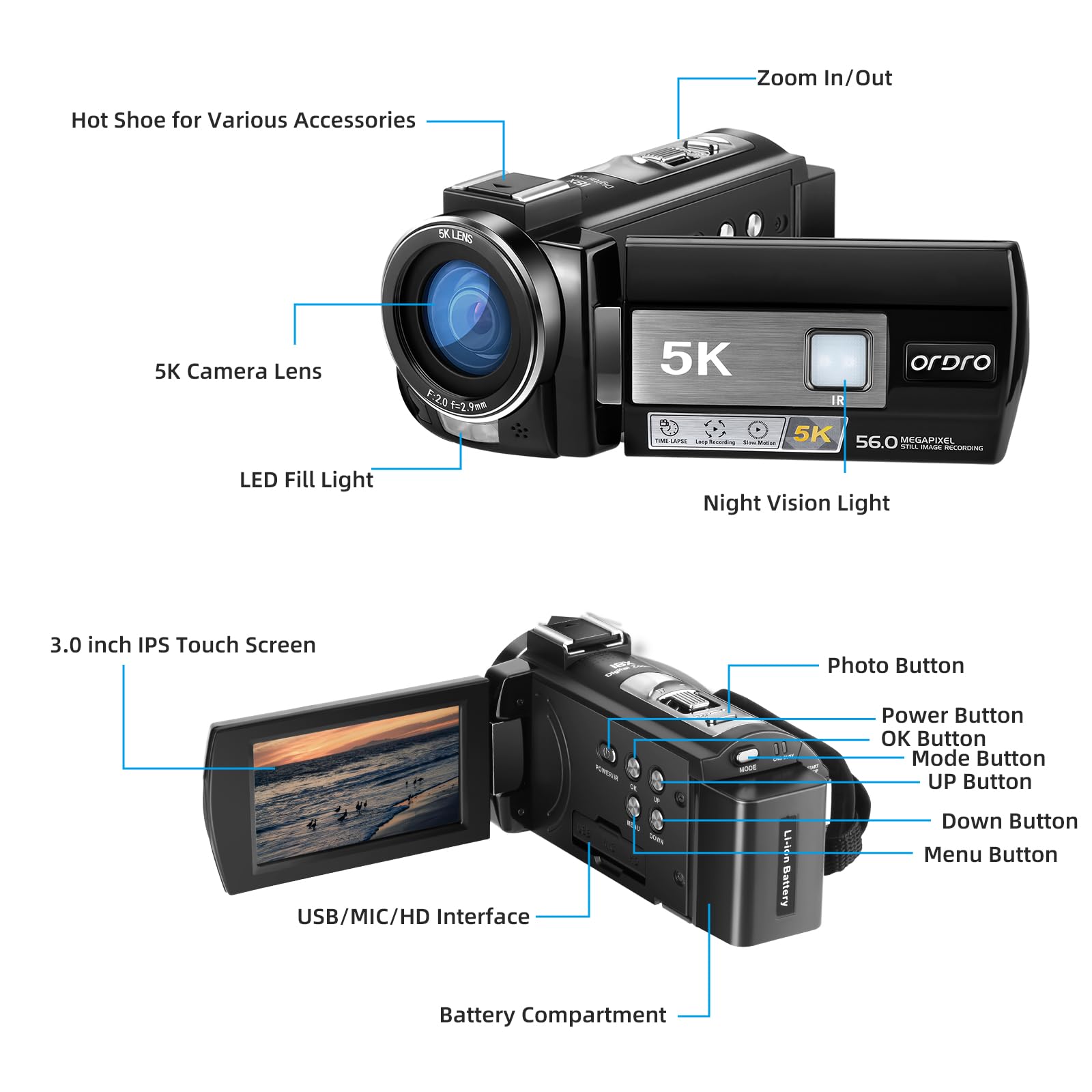 ORDRO AE20 5K Videocamera Visione Notturna per YouTube e Viaggi - Digitale con Grandangolo 95°, Modalità WDR, Stabilizzatore EIS